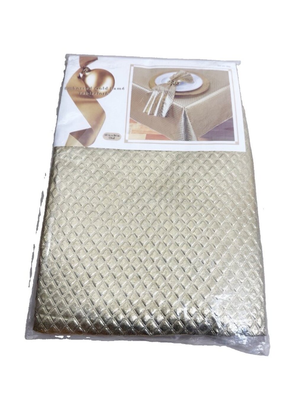 VTG Embossed Diamond Gold Lame' Oval 60x84  Metallic/Nylon Fabric Tablecloth New